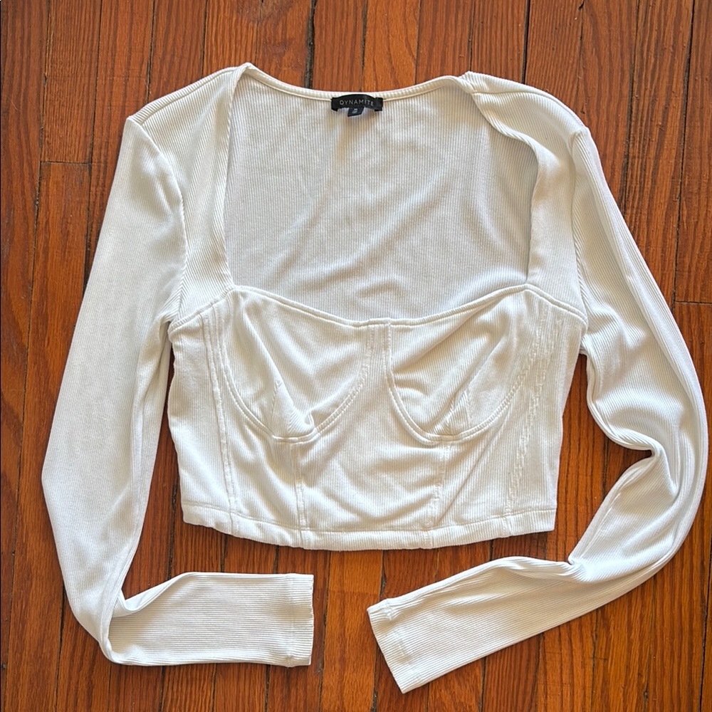 Dynamite Ivory Ribbed Long Sleeve Bustier Crop Top